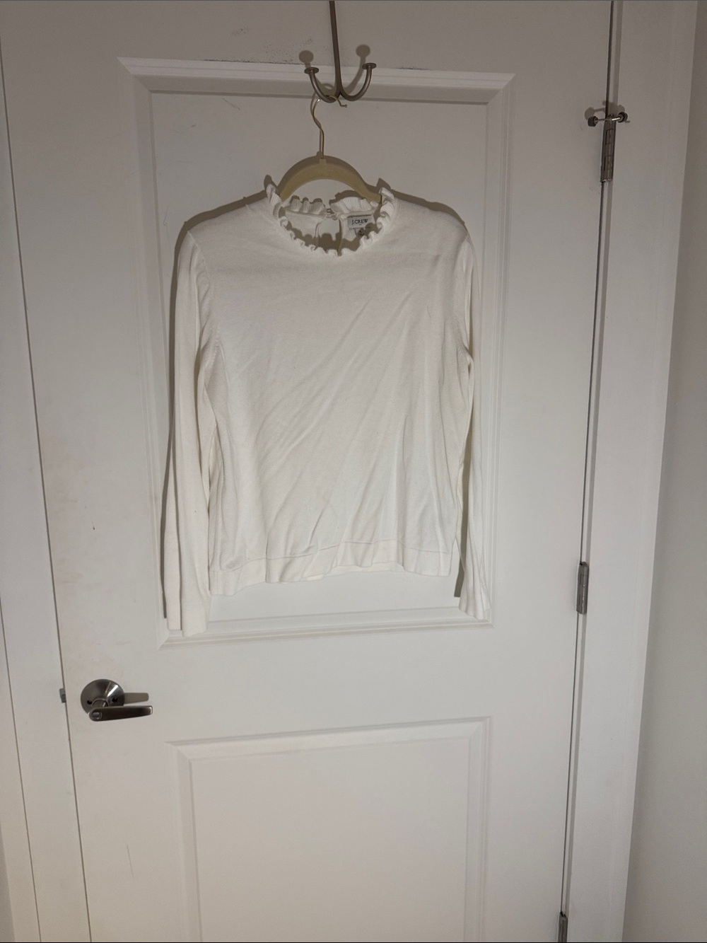 J. Crew White Ruffle Mock-Neck Long Sleeve Top